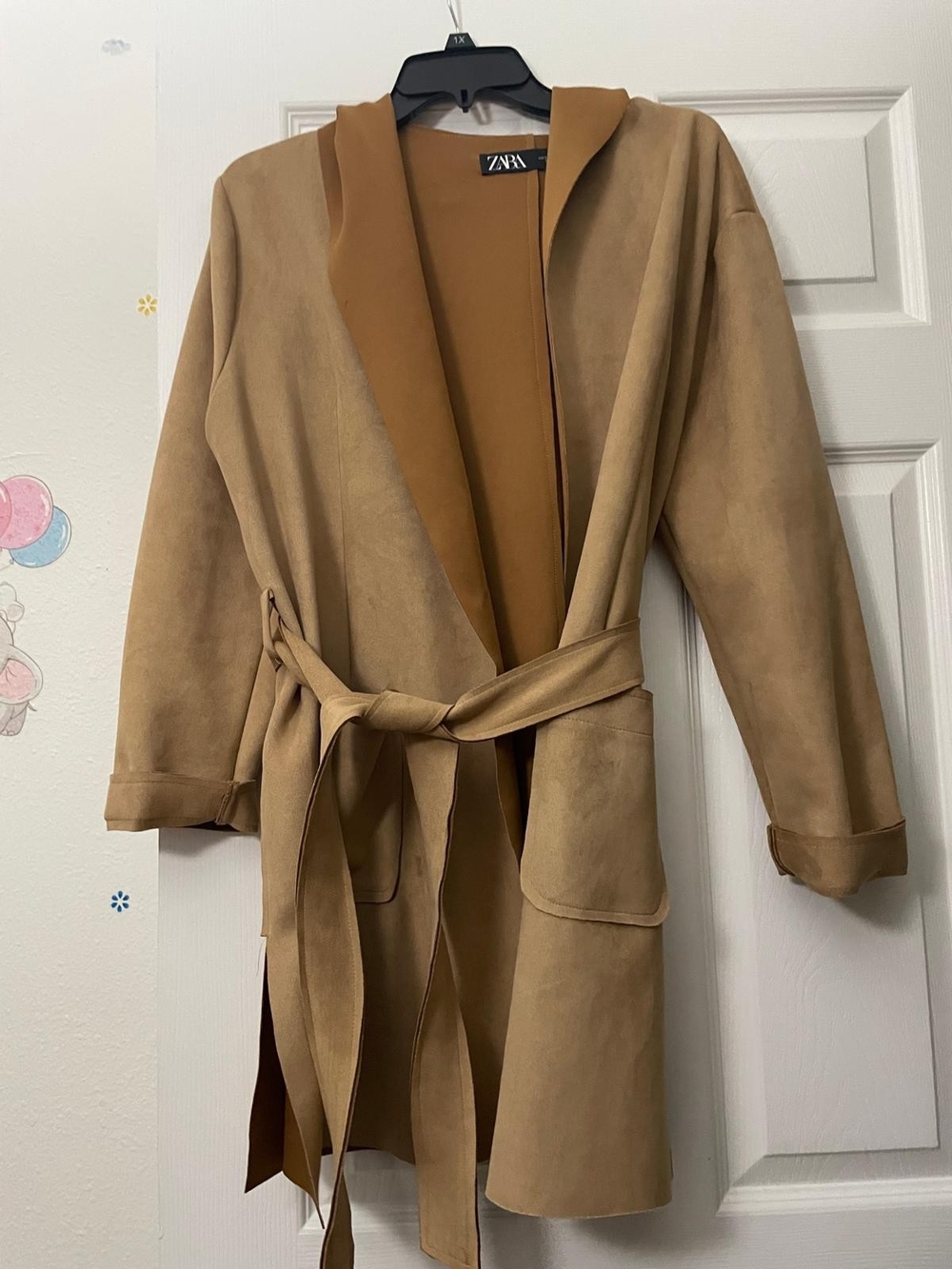 Zara Toasted Camel Wrap Belted Trench Coat Suede Fabric